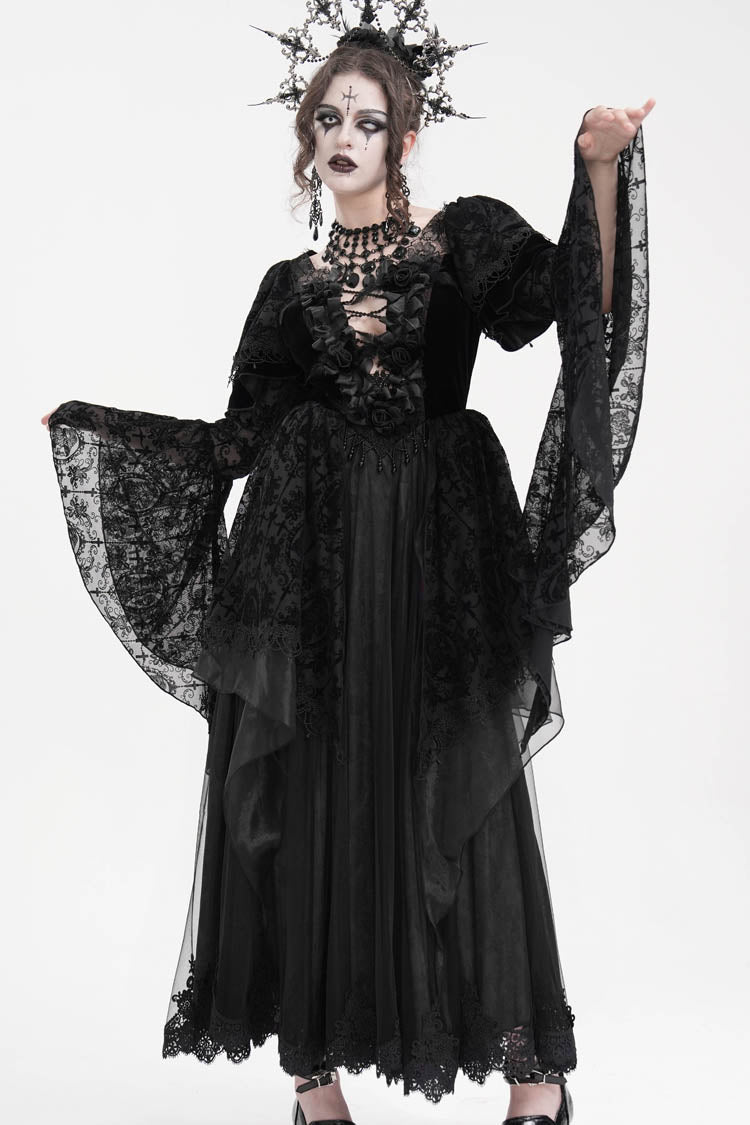 Black Crochet Long Sleeves Hanayome Lace Women's Gothic Dress - Product - 8
