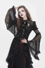 Black Stand Collar Long Trumpet Beaded Sleeves Cut-Out Bow Lace Women's Gothic Blouse - Product - 10