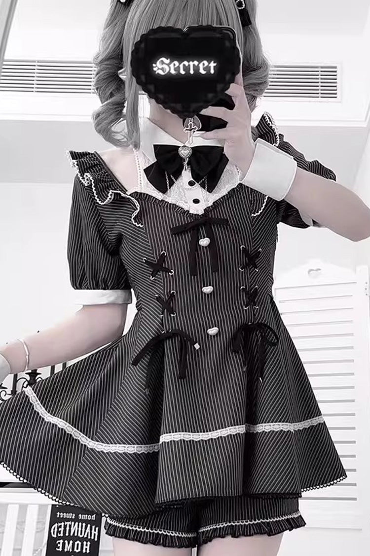 Black [Roman Strings] Short Sleeves Striped Print Bowknot Lace-Up Gothic Jirai Kei Plus Size Dress - Black - 1