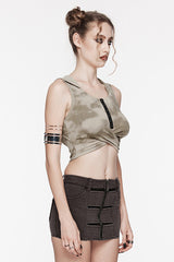 Black/Coffee Sleeveless Cutout Crossed Hooded Women's Punk Tank Top - Product - 2