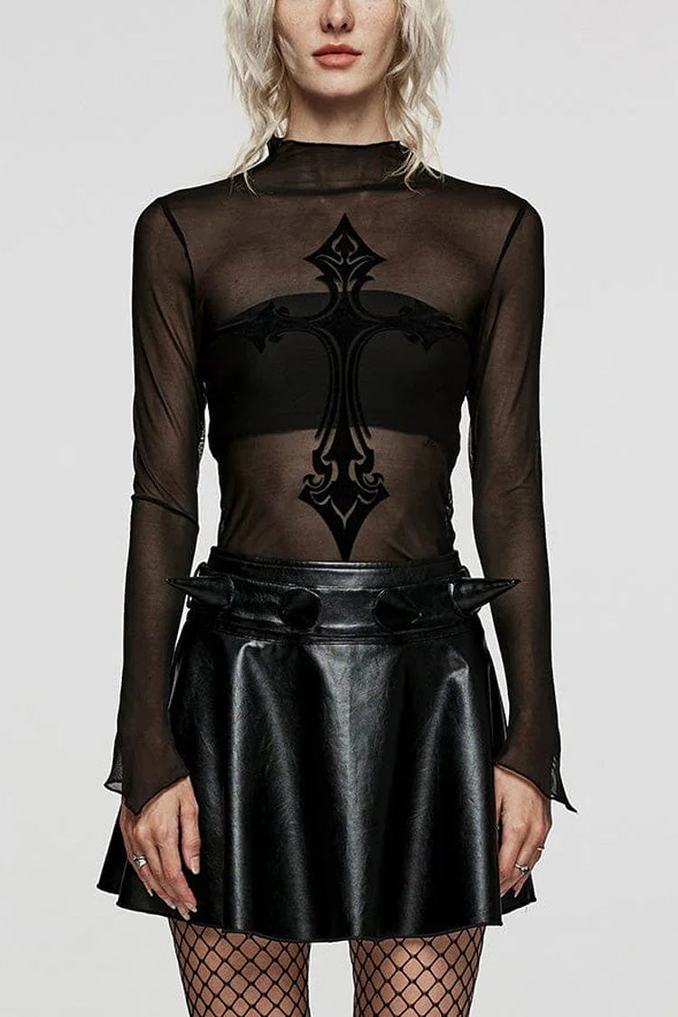 Black Long Sleeves Cross Print Slim Sheer Womens Gothic T-Shirt - Black - 1