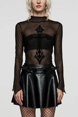 Black Long Sleeves Cross Print Slim Sheer Womens Gothic T-Shirt - Black - 1