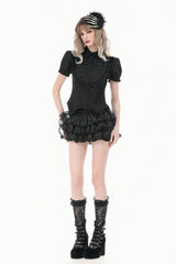 Black Pointed Turn‑down Collar Ruffled Short Puff Sleeves Pleated Women's Gothic Victorian Slim Blouse - Product - 11
