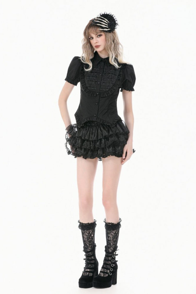 Black Pointed Turn‑down Collar Ruffled Short Puff Sleeves Pleated Women's Gothic Victorian Slim Blouse - Product - 11