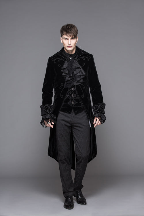 Black Hand Embroidered Fake Two Pieces Long Sleeves Velvet Mens Gothic Coats - Product - 4