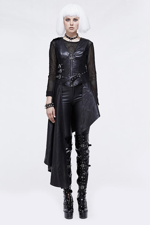 Black Zipper Up Asymmetric Sleeveless Womens Punk Rock Mid Length Leather Dress - Product - 2