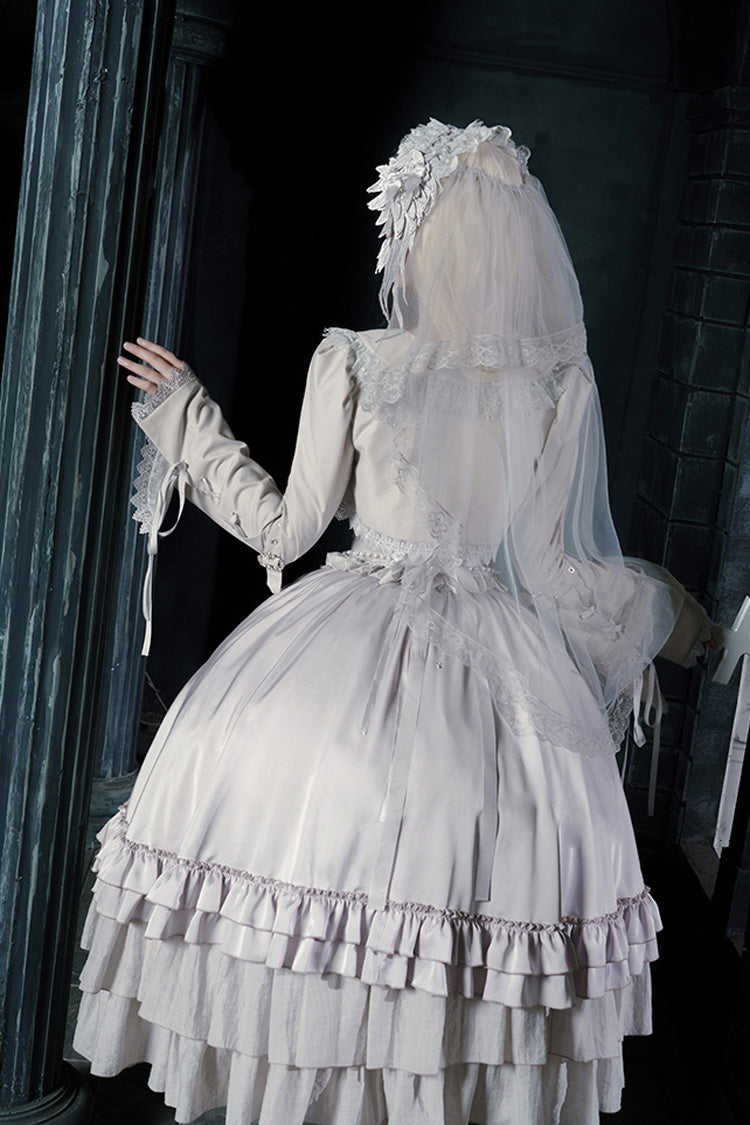Solid Color [Bionic Doll] Square Collar Multi-Layered Ruffle Bowknot Lace-Up Gothic Lolita Long Skirt Corset Set - Product - 6