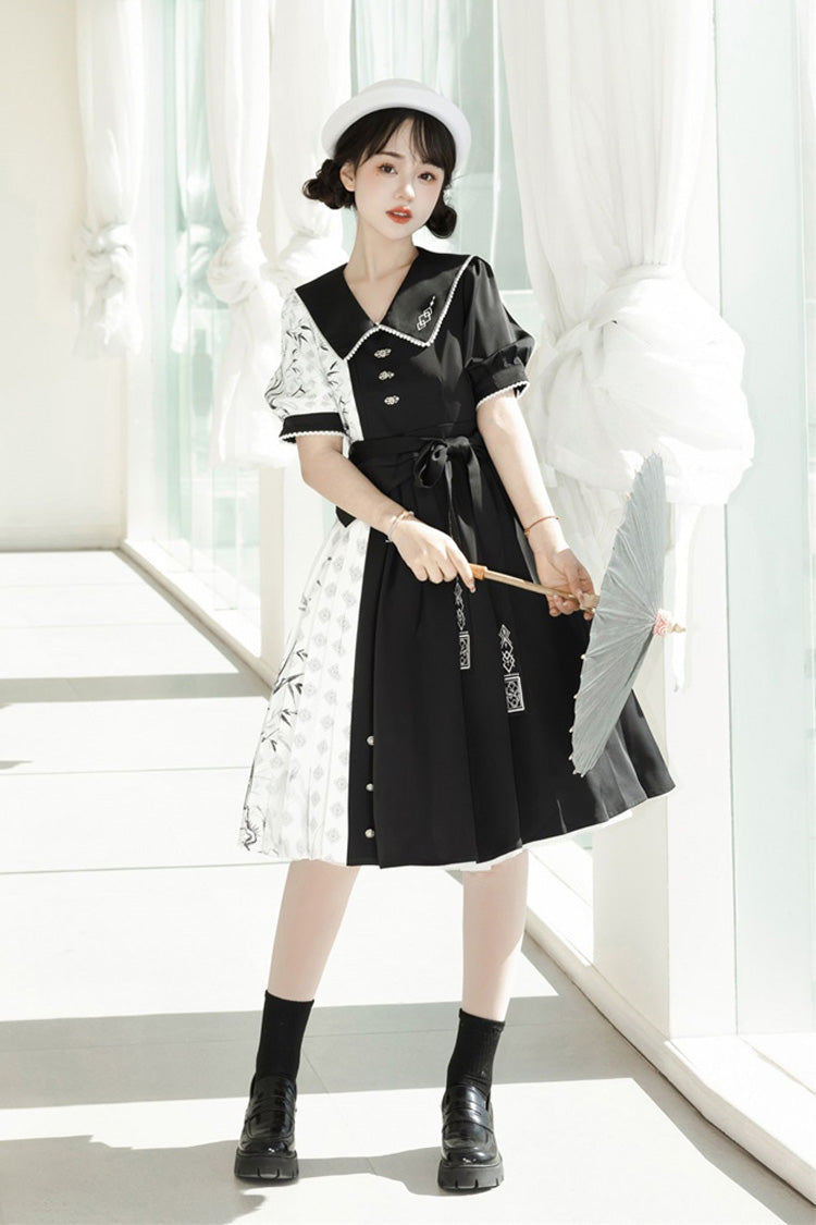 Black/White Stitching Chinese Style Bamboo Print High Waisted Sweet Lolita Dress - Product - 6