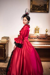 Wine Red Print Medieval Court Rococo Gothic Victorian Lolita Long Dress - Product - 6