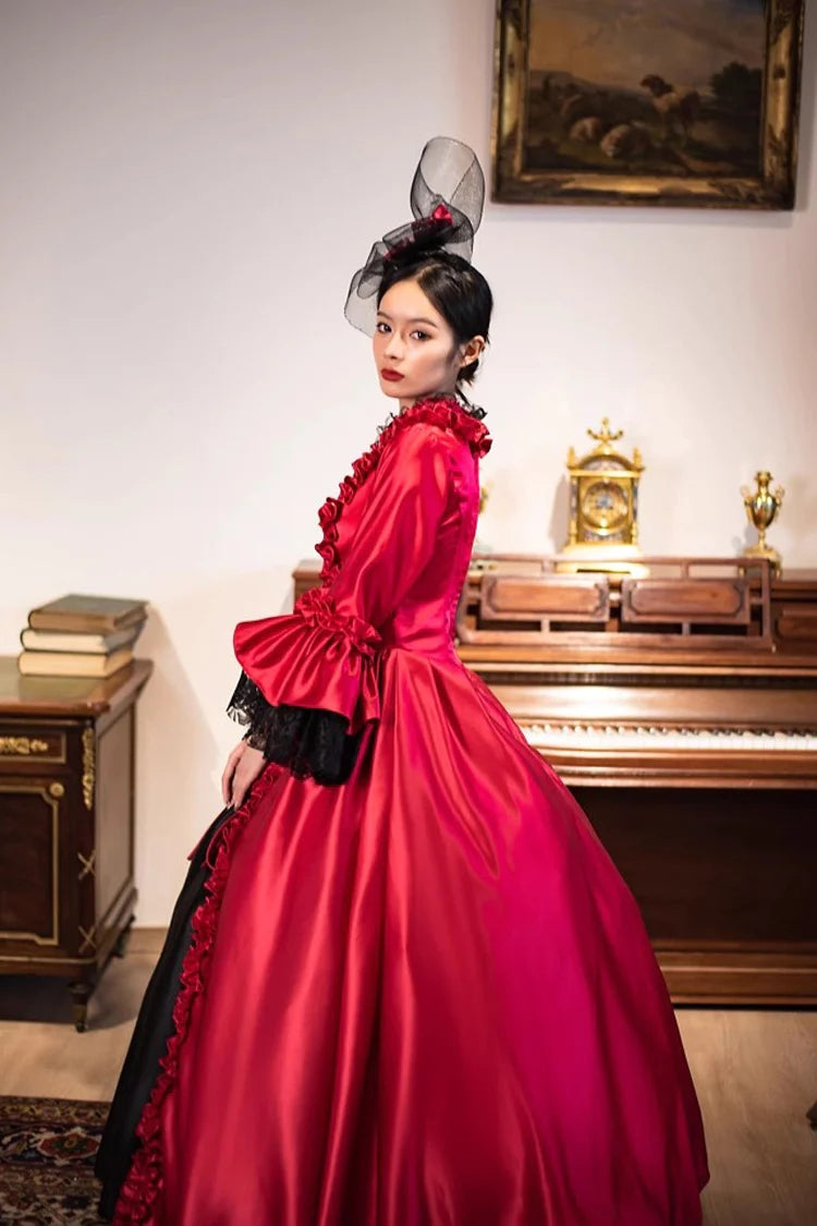 Wine Red Print Medieval Court Rococo Gothic Victorian Lolita Long Dress - Product - 6