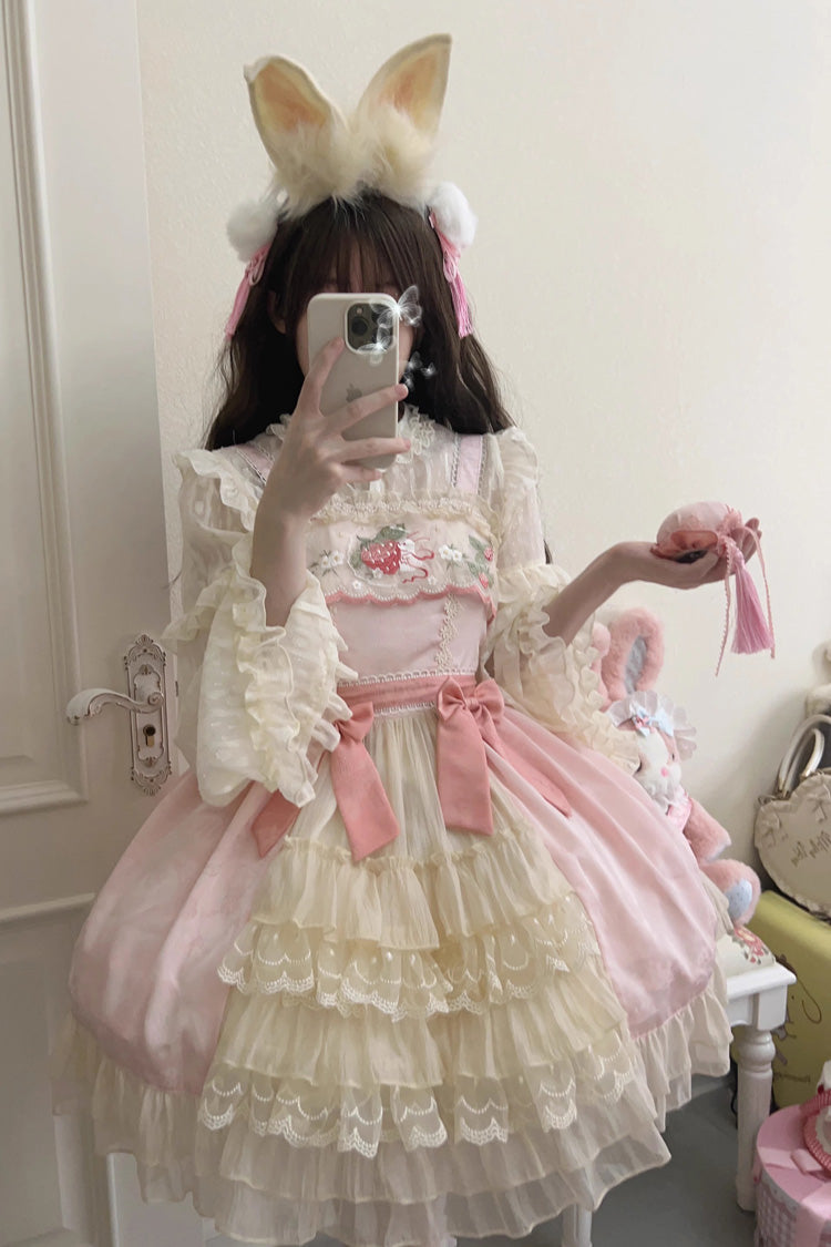 Moon Rabbit Ruffle Embroidery Cardigan Bowknot Sweet Lolita Jsk Dress - Pink - 1
