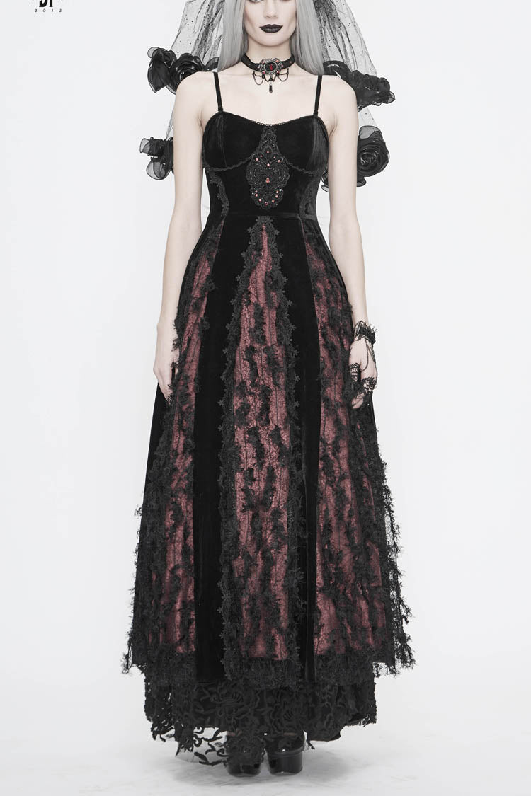 Red Front Chest Decals Dense Velvet Long Women's Gothic Sling Dress - Red - 1