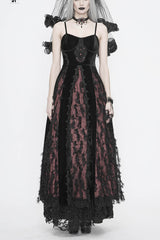 Red Front Chest Decals Dense Velvet Long Women's Gothic Sling Dress - Red - 1