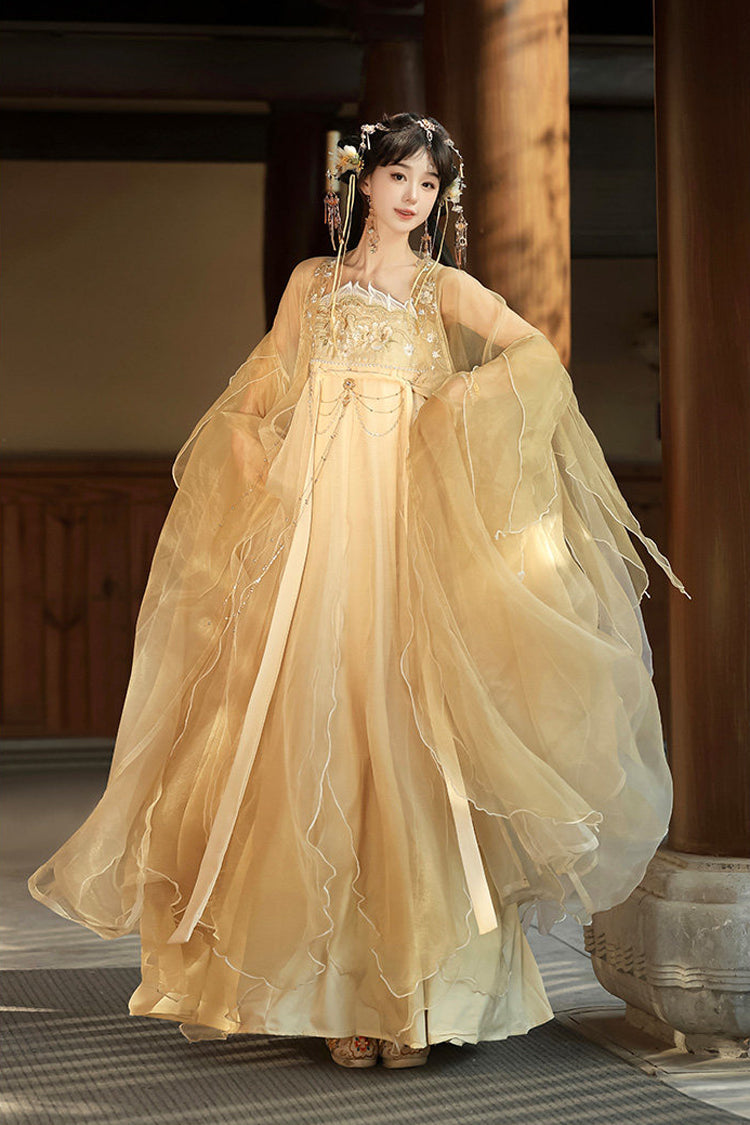 Yellow [Dancing] Hime Sleeves High Waisted Embroidered Women's Classic Hanfu Dress Set - Yellow - 1