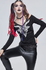 Black Punk Devil Sheep Head Printed Long Sleeves Off The Shoulder Women's Shirt - Product - 3