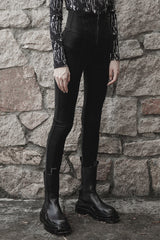 Black Bat Embroidered Waist Elastic Fine-Grained Fluff Metal Zipper Design Tight Women's Punk Leather Pants - Product - 2