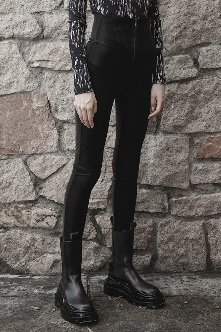 Black Bat Embroidered Waist Elastic Fine-Grained Fluff Metal Zipper Design Tight Women's Punk Leather Pants - Product - 2