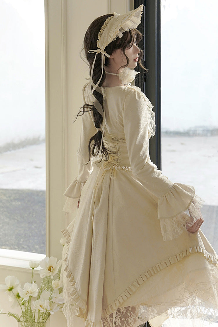 Ivory [White Tea] Long Sleeves Ruffle Bowknot Lace Irregular Classic Princess Lolita Dress - Product - 13