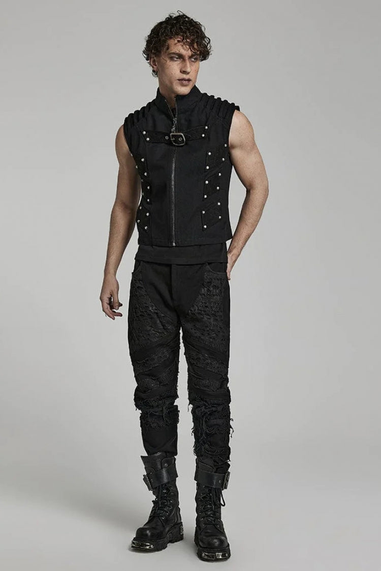 Black Stand Collar Sleeveless Stitching Buckle Decoration Mens Steampunk Vest - Product - 4