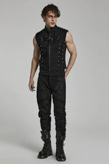 Black Stand Collar Sleeveless Stitching Buckle Decoration Mens Steampunk Vest - Product - 4