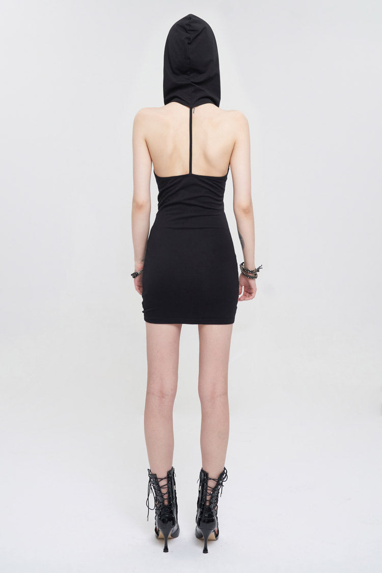Black Cross Straps Backless Hooded Sleeveless Hip Wrap Women's Punk Dress - Product - 5