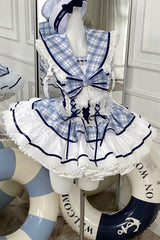 Blue/White [Sailing Love] Navy Collar Sleeveless Plaid Print Ruffle Bowknot Sweet Lolita Dress - Product - 3