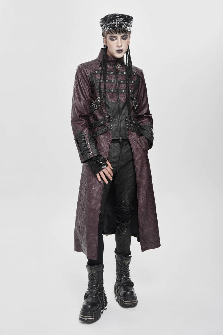 Red Stand Collar Zipper Straps Eyelet Men's Punk Coat - Product - 9