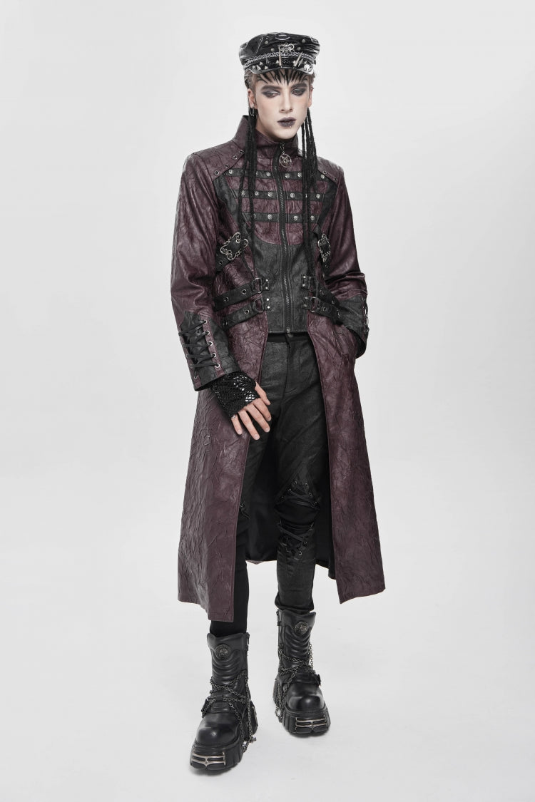 Red Stand Collar Zipper Straps Eyelet Men's Punk Coat - Product - 9