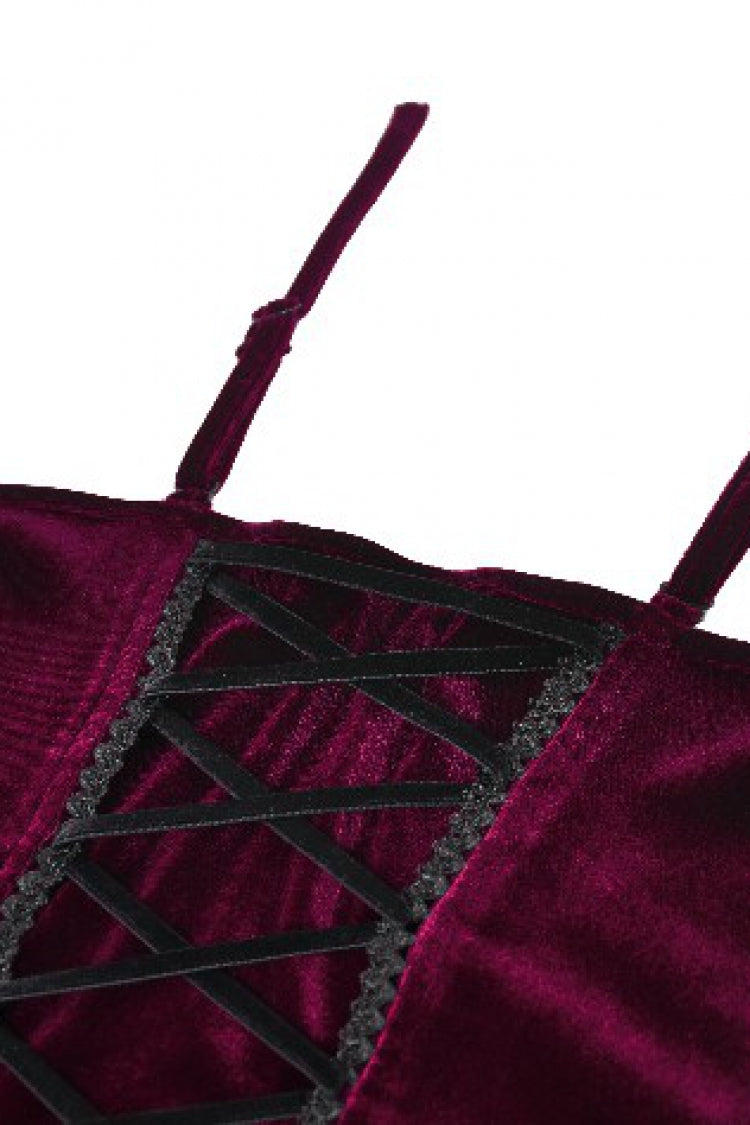 Burgundy Ribbon Bow Lace-Up Women's Gothic Velet Cami Corset Top - Product - 13