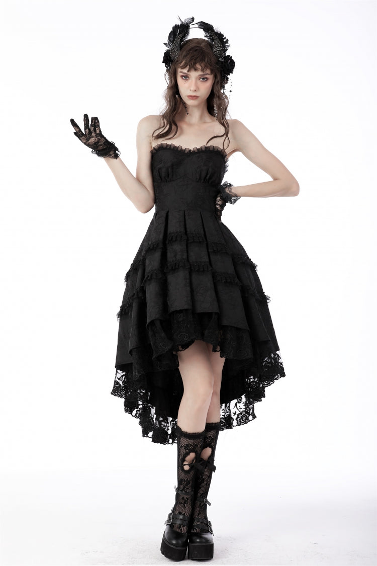 Black Sleeveless Lace-Up Women's Gothic Lace Multi-Layered High/Low Slip Wedding Graduation Dress - Product - 9