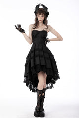 Black Sleeveless Lace-Up Women's Gothic Lace Multi-Layered High/Low Slip Wedding Graduation Dress - Product - 9