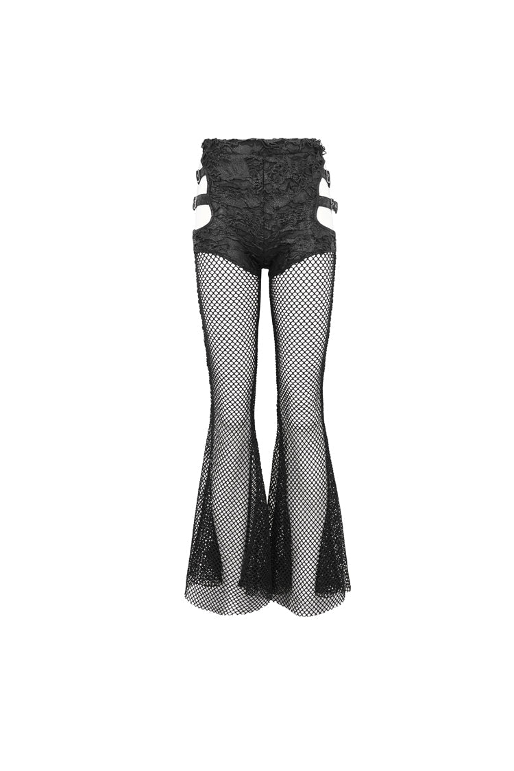 Black Stretch Knit Panel Mesh Cutout Flare Women's Gothic Trousers - Product - 6