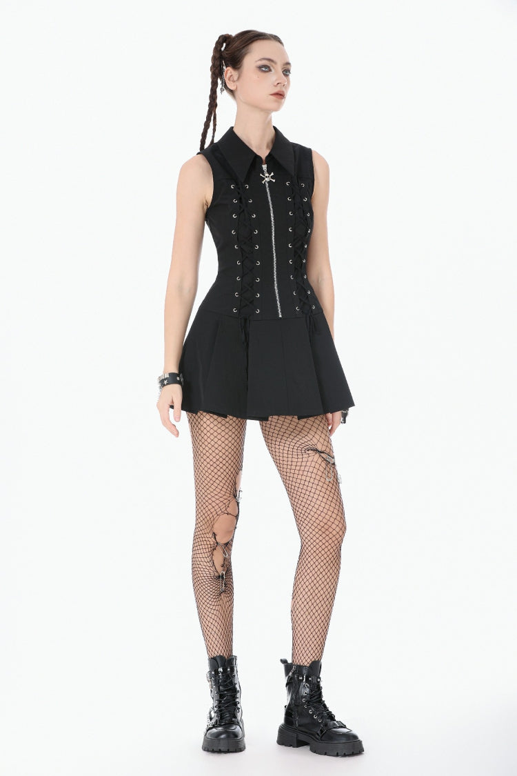 Black Point Collar Sleeveless Skull Zip Women's Punk Dress - Product - 9