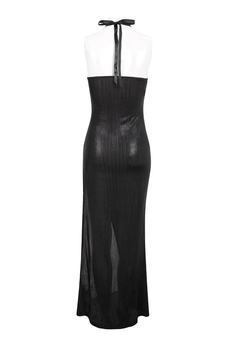 Black Chest Cutout Chain Halter Neck Lace High Slit Long Women's Punk Dress - Product - 8