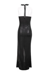 Black Chest Cutout Chain Halter Neck Lace High Slit Long Women's Punk Dress - Product - 8