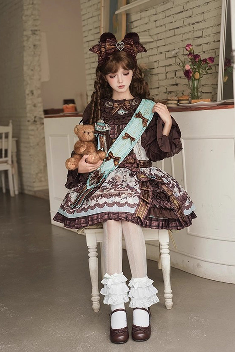 Brown [Teddy Bear Chocolate] Sleeveless Print Ruffle Side Cardigan Bowknot Asymmetric Sweet Lolita Strap Dress - Product - 10