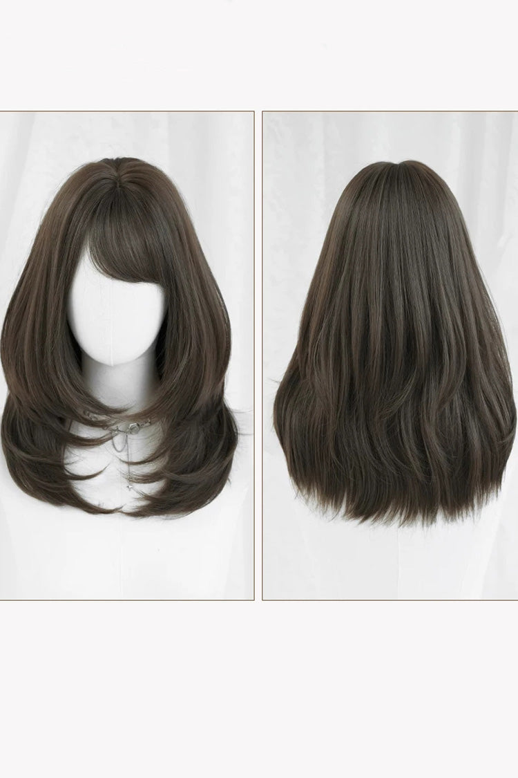 Cool Brown Refined Side-Swept Bangs Multi-Layered Sweet Lolita Shoulder Length Wig - Product - 6