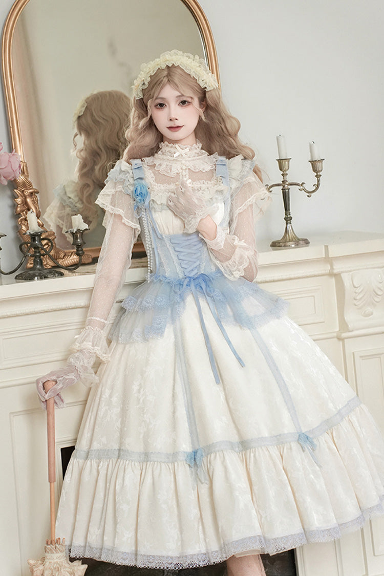 Ivory [Sea Salt Iced Tea] Square Collar Flying Sleeves Ruffle Fishbone Sweet Lolita Jsk Long Dress - Ivory - 1