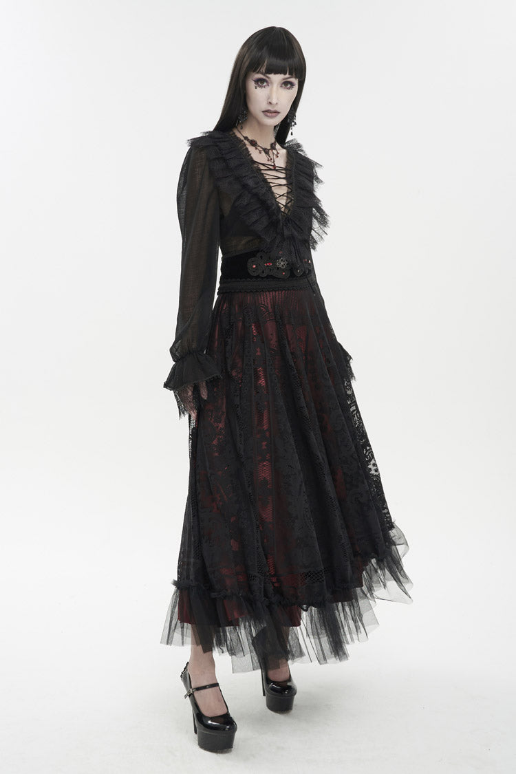 Black Thin Waist Plaid Stitching Layered Lace Long Sleeves Women's Gothic Shirt - Product - 3