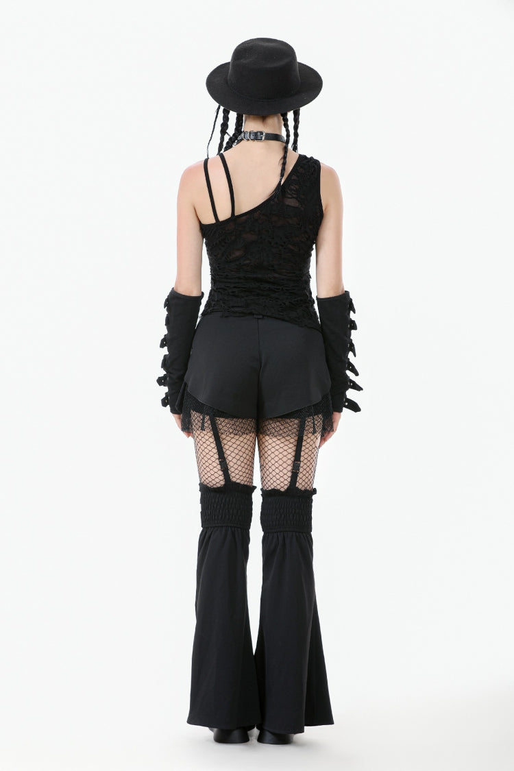 Black Sleeveless Ripped Eyelet Lace-Up Asymmetric Hem Women's Punk Top - Product - 4