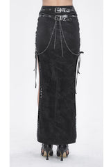Black High Waisted Side Slit Slim Women's Steampunk Skirt - Product - 6