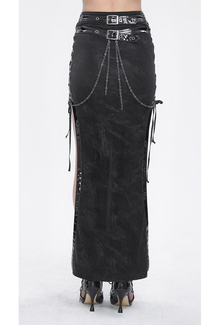 Black High Waisted Side Slit Slim Women's Steampunk Skirt - Product - 6