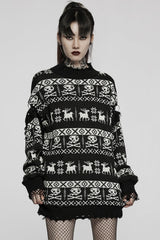 Black/White Stand Collar Long Sleeves Skull Deer Print Grunge Women's Gothic Loose Sweater - Black/White - 1
