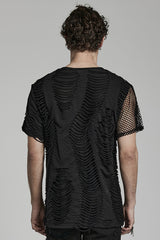 Black Short Sleeves Stitching Mesh Ripped Men's Punk T-Shirt - Product - 3