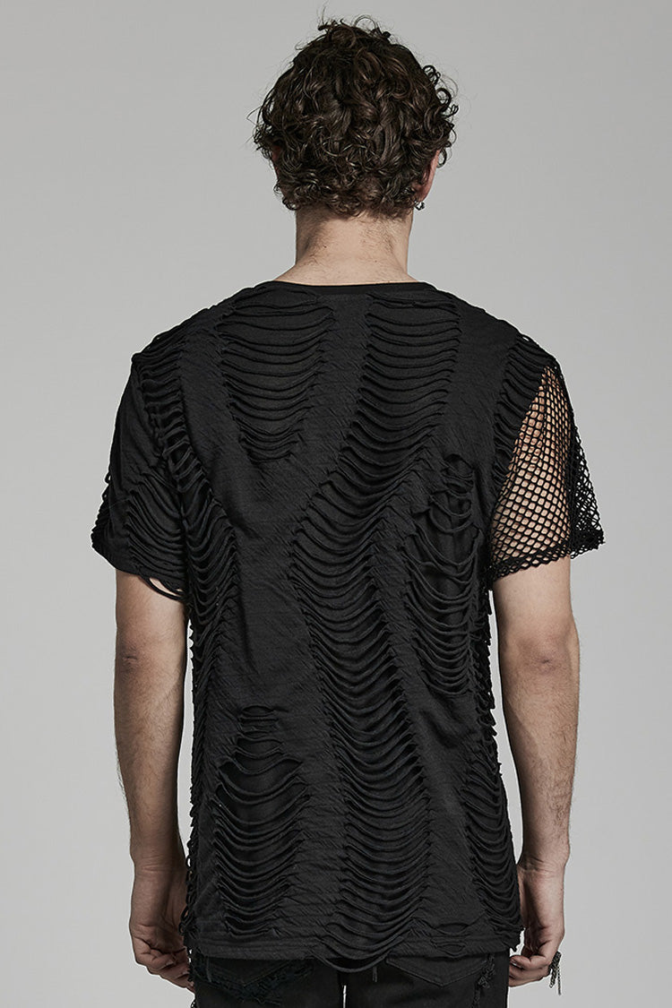 Black Short Sleeves Stitching Mesh Ripped Men's Punk T-Shirt - Product - 3