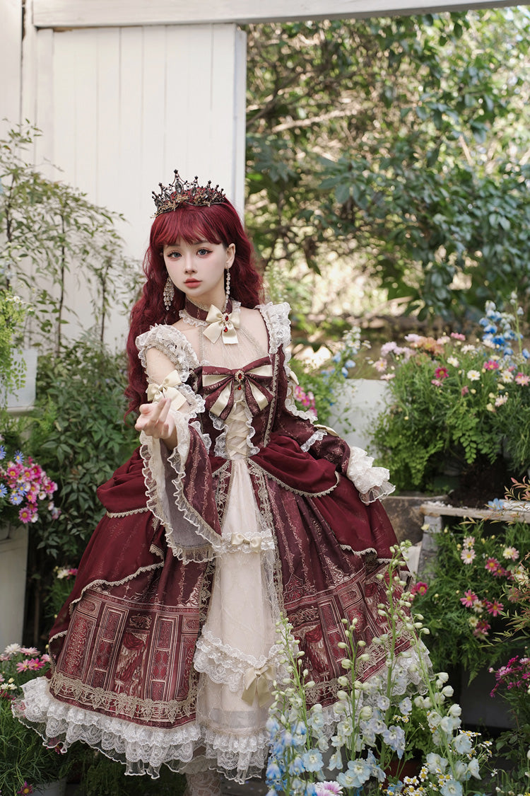 Red Baroque Palace Print Lace Classic Princess Lolita Dress - Product - 5
