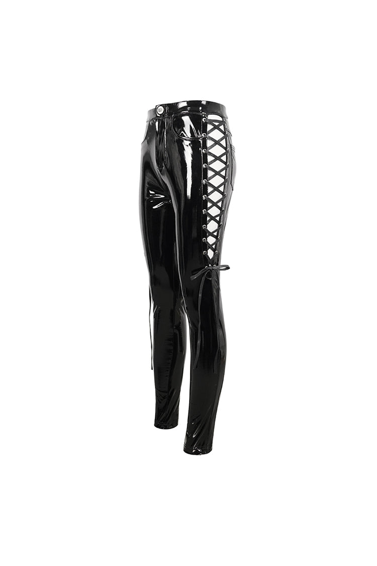 Black Patent Leather Side Cutout Lace Up Women's Punk Pants - Product - 9