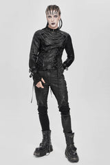 Black Stitching Lace-Up Mesh Chain Men's Punk Blouse - Product - 5
