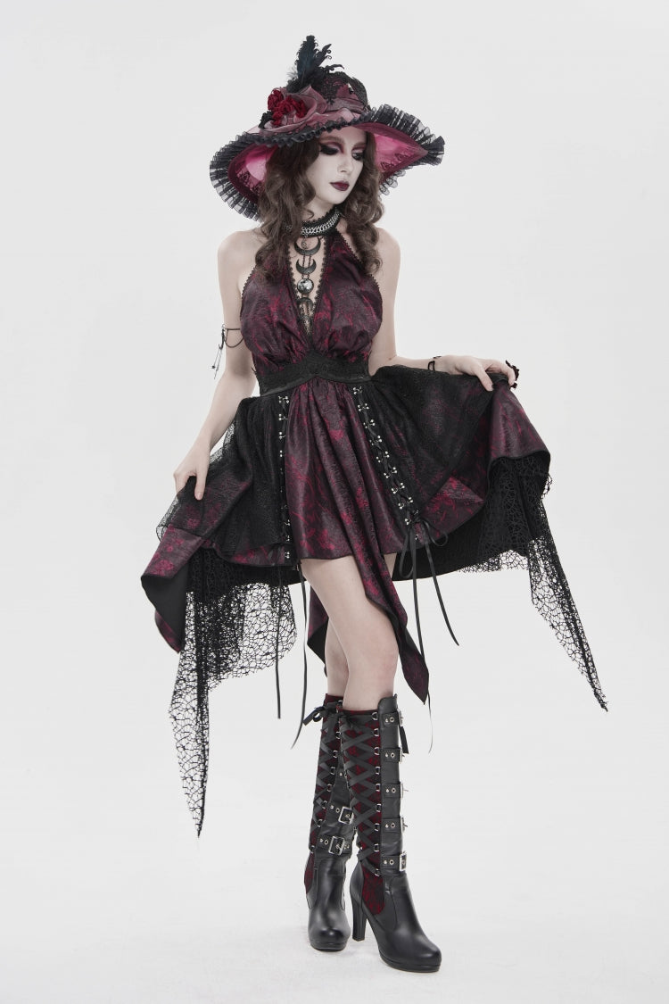 Black/Red Off Shoulder Sleeveless Multi-Layered Printed Lace Irregular Tassels Women's Gothic Dress - Product - 5