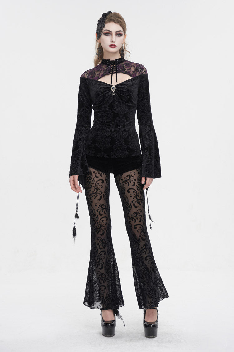 Black Cutout Flared Sleeved Floral Embossed Women's Gothic Shirt - Product - 5
